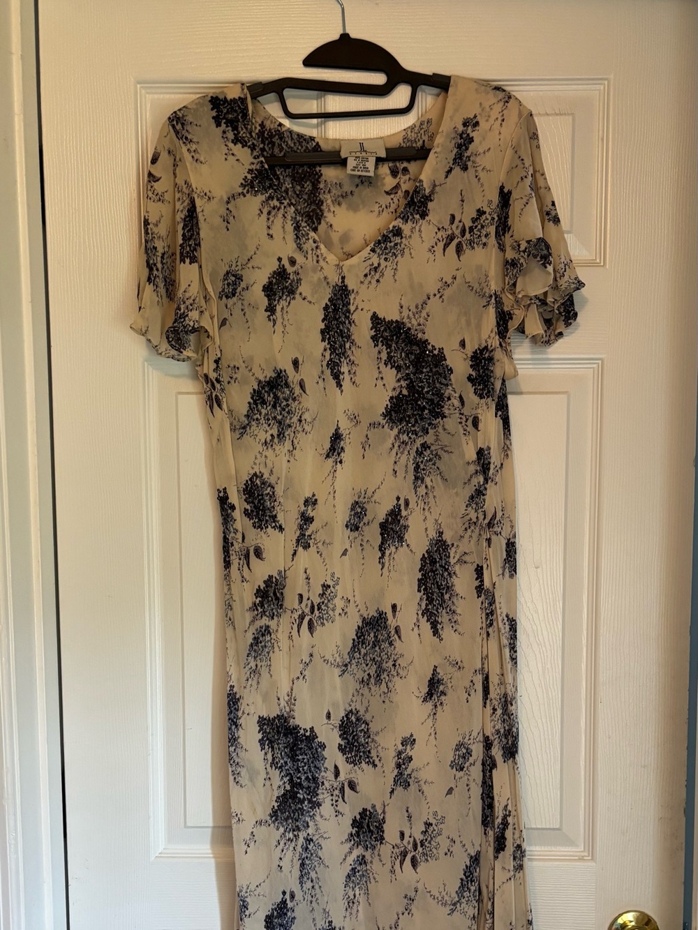 Beige and Navy Floral V-Neck Maxi Dress